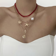 Layered Pearl & Shell Necklace – Gold Tone Multi-Strand Starfish Pendant Necklace for Women