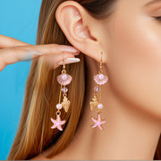 Summer Cowrie Shell & Starfish Drop Earrings – Gold Tone Ocean Beach Earrings for Women