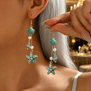 Summer Cowrie Shell & Starfish Drop Earrings – Gold Tone Ocean Beach Earrings for Women