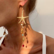 Boho Starfish & Cowrie Shell Dangle Earrings – Gold Tone Beach Vacation Drop Earrings for Women