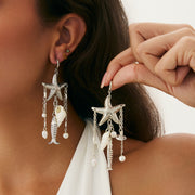 Boho Starfish & Cowrie Shell Dangle Earrings – Gold Tone Beach Vacation Drop Earrings for Women